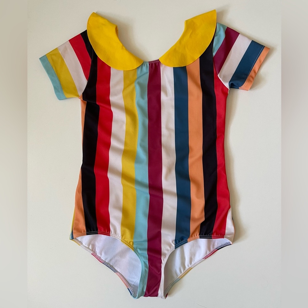 Girls' Multicolor Striped One-Piece Swimsuit with Yellow Peter Pan Collar